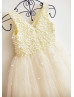 V Neck Pearls Beaded Champagne Tulle Dreamy Flower Girl Dress